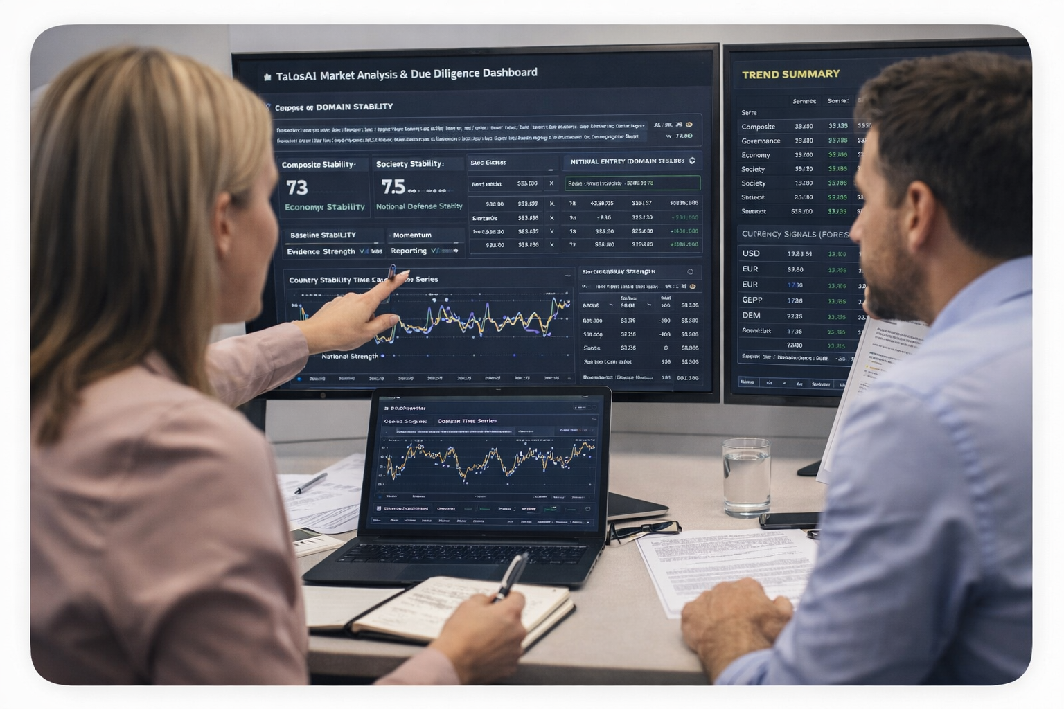 TalosAI policy analysts reviewing stability and risk intelligence dashboards