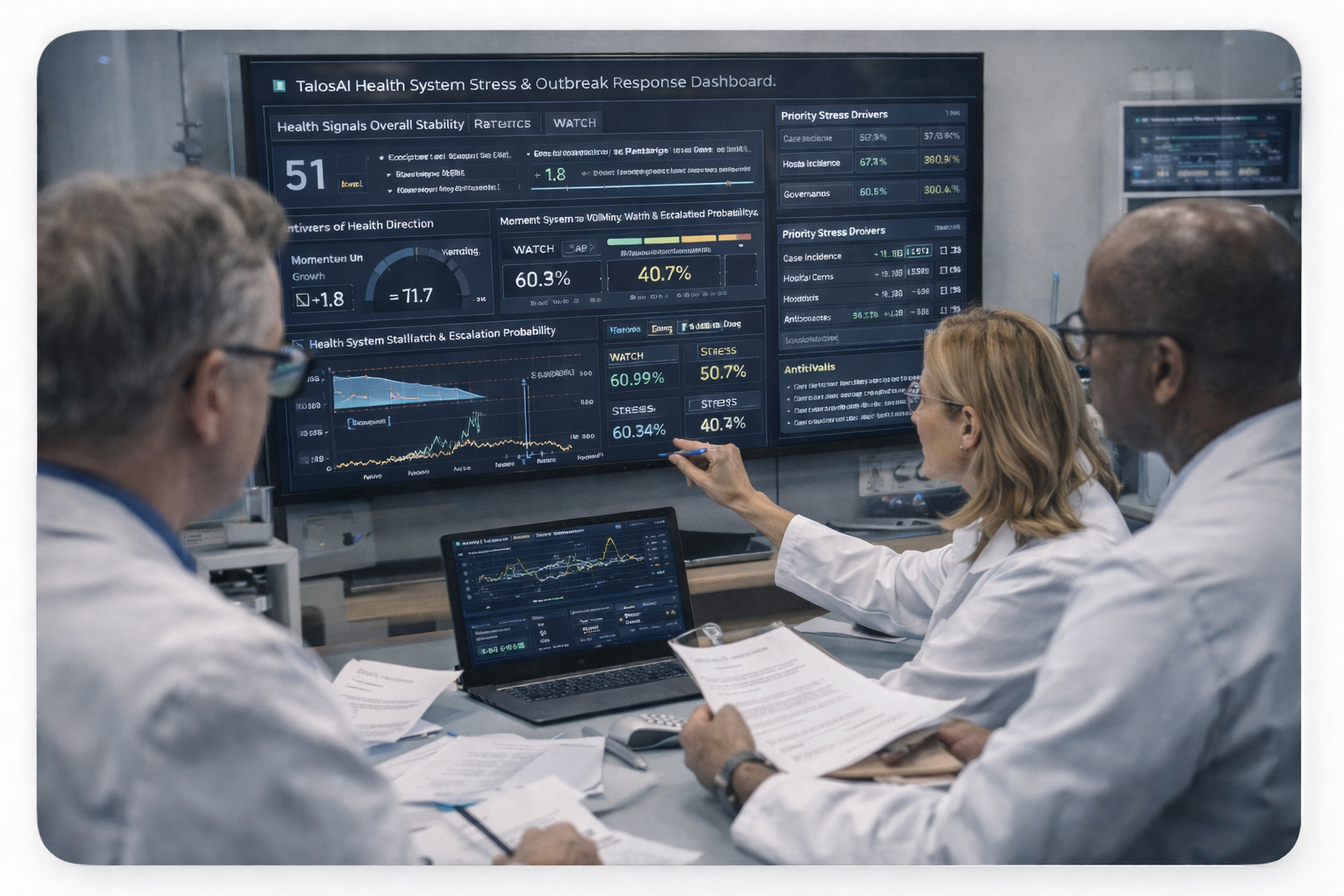 Talosai analysts reviewing stability and risk intelligence dashboards and contextual analysis