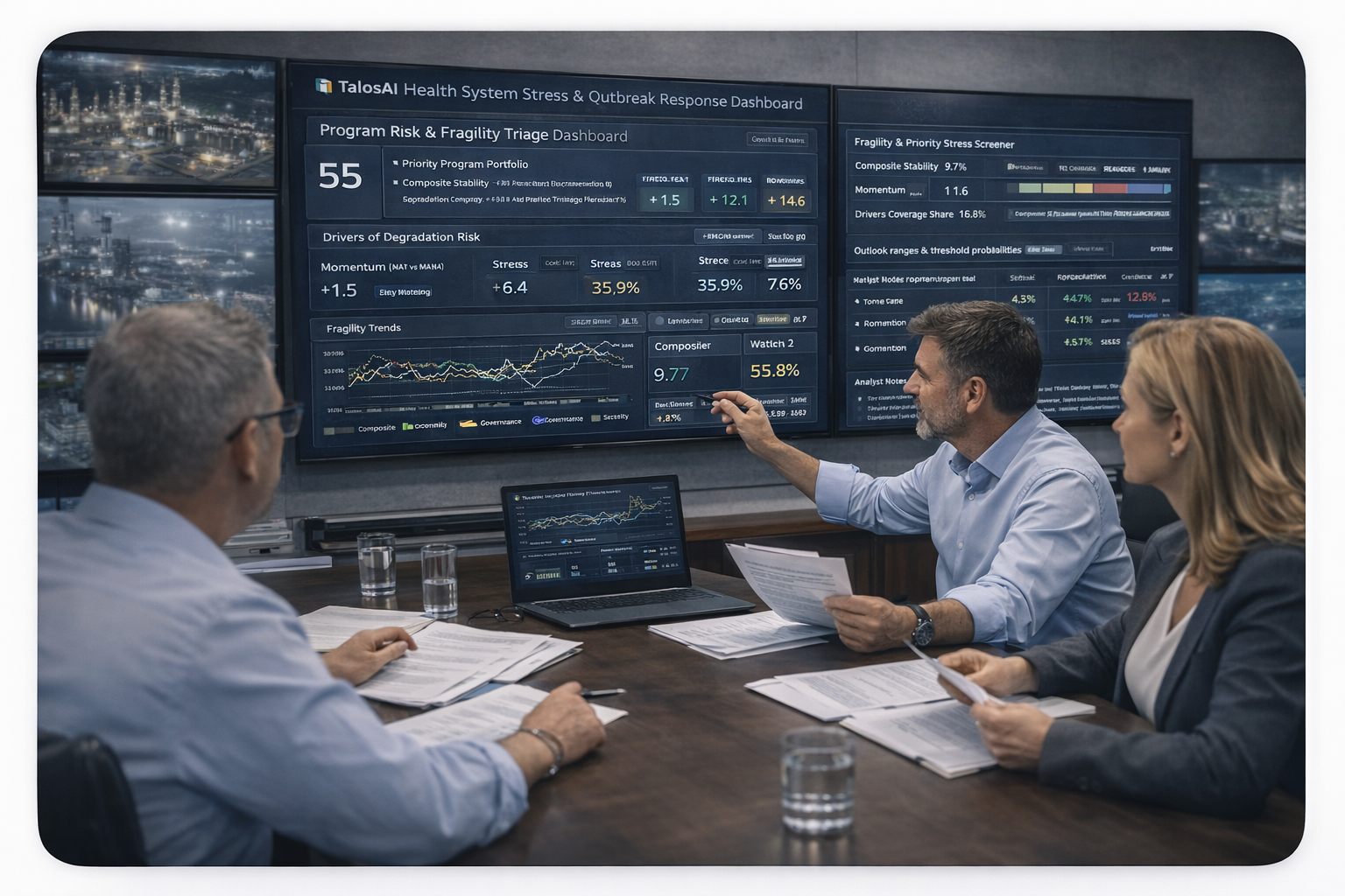 Talosai program analysts reviewing stability and risk intelligence dashboards and accompanying contextual analysis
