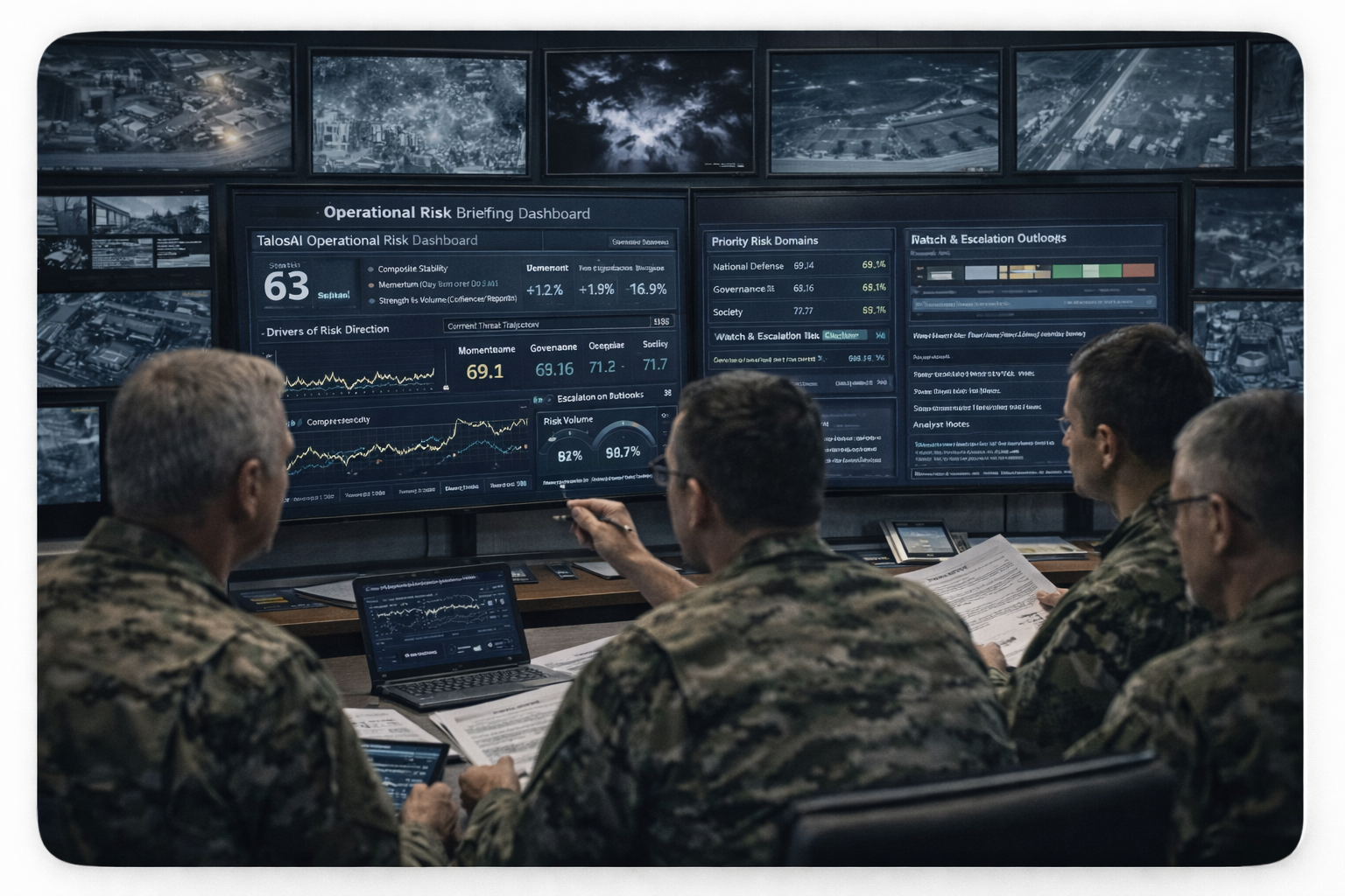 Talosai analysts reviewing stability and risk intelligence dashboards and contextual analysis