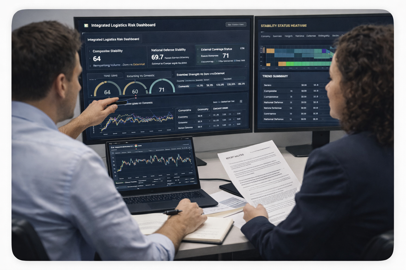 Talosai analysts reviewing stability and risk intelligence dashboards